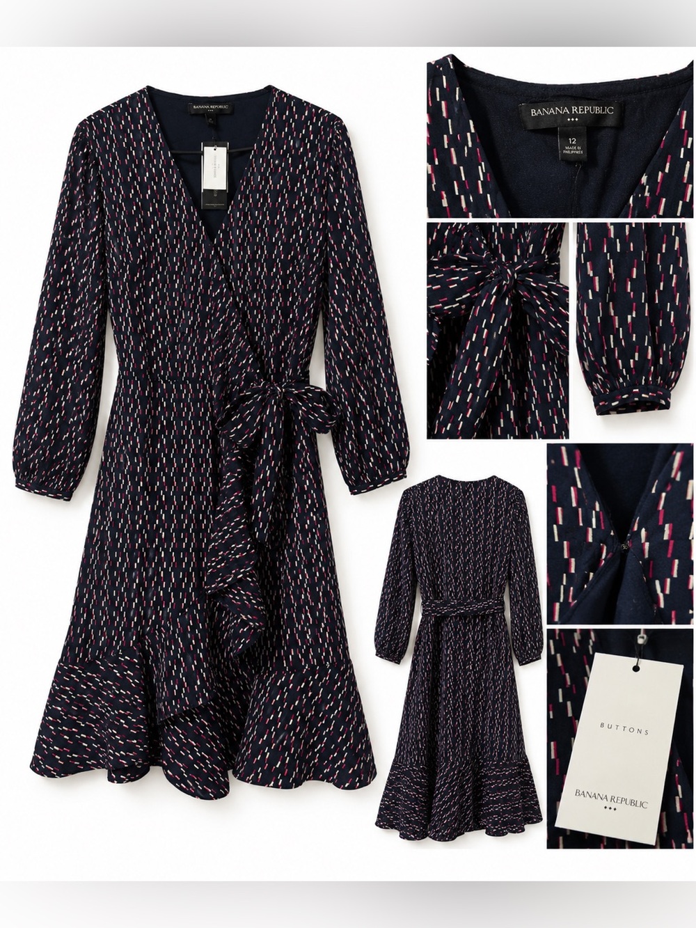 Banana Republic Navy Wrap Dress with Pink & White Dash Print